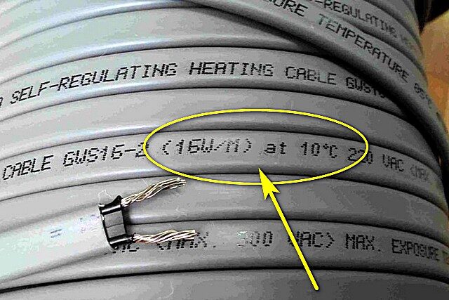 Надпись однозначно дает понять, что при температуре окружающей среды в 10 градусов удельная мощность кабеля составит 16 Вт на погонный метр.
