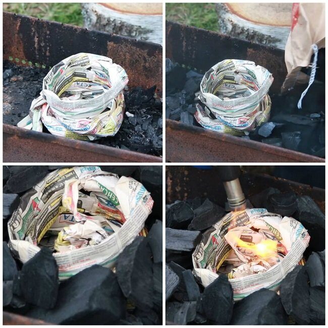 Розжиг мангала с помощью газеты
