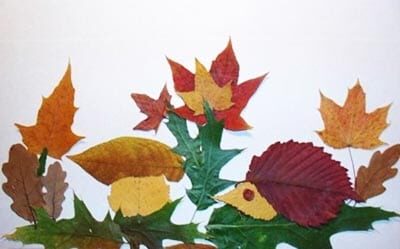 Картина из листьев с ежиком, грибом и лесом